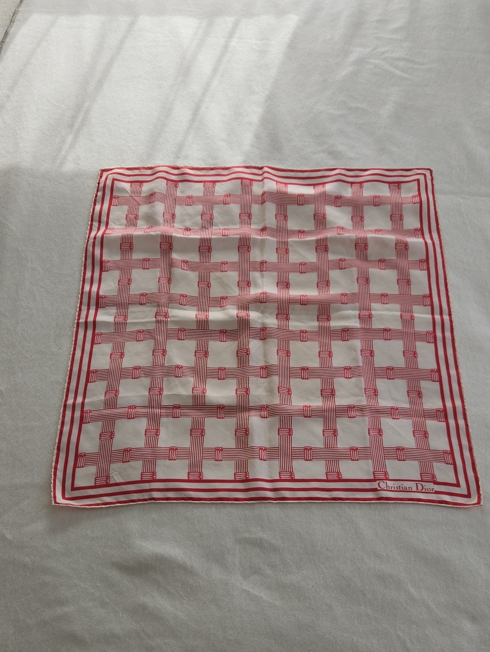Dior Silk Red and White Geometric Silk Scarf - Picture 2 of 6